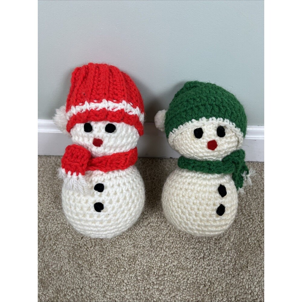 2 VTG Hand Crochet Snowman Christmas - Styrofoam & Yarn 1970s 8"